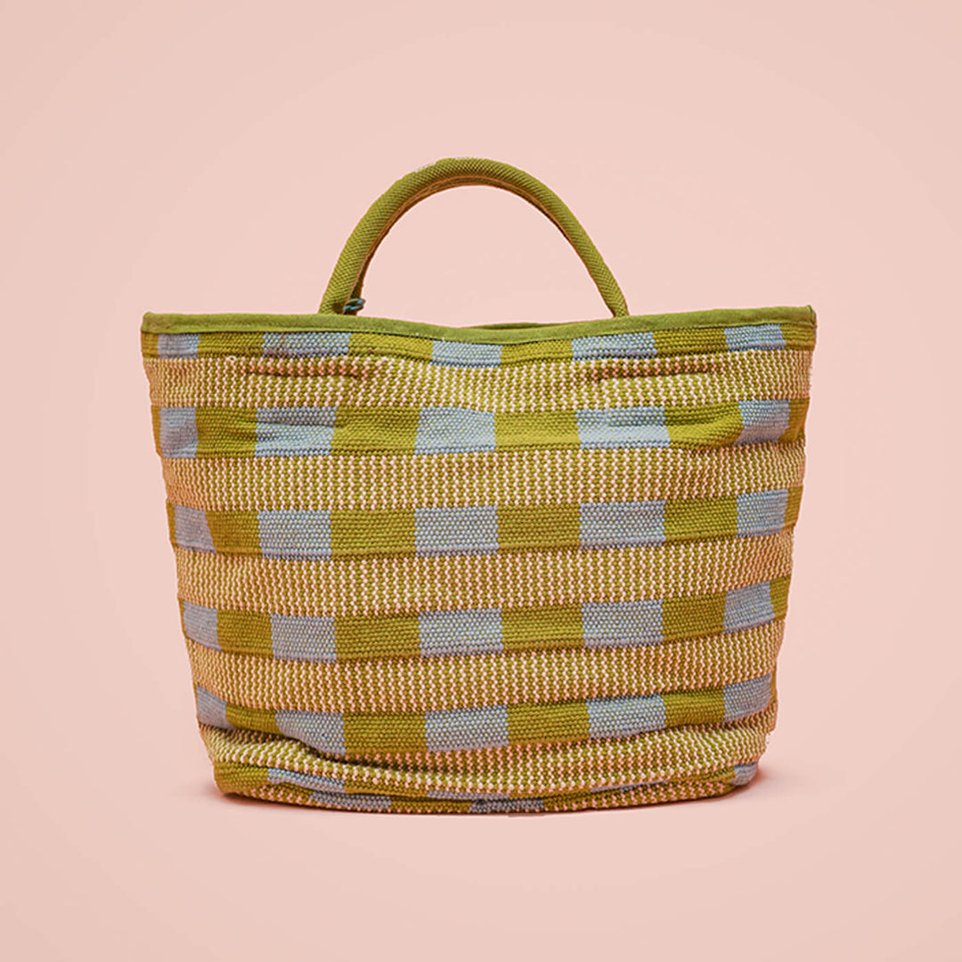 Checkered Jacquard Tote with Webbing Handles