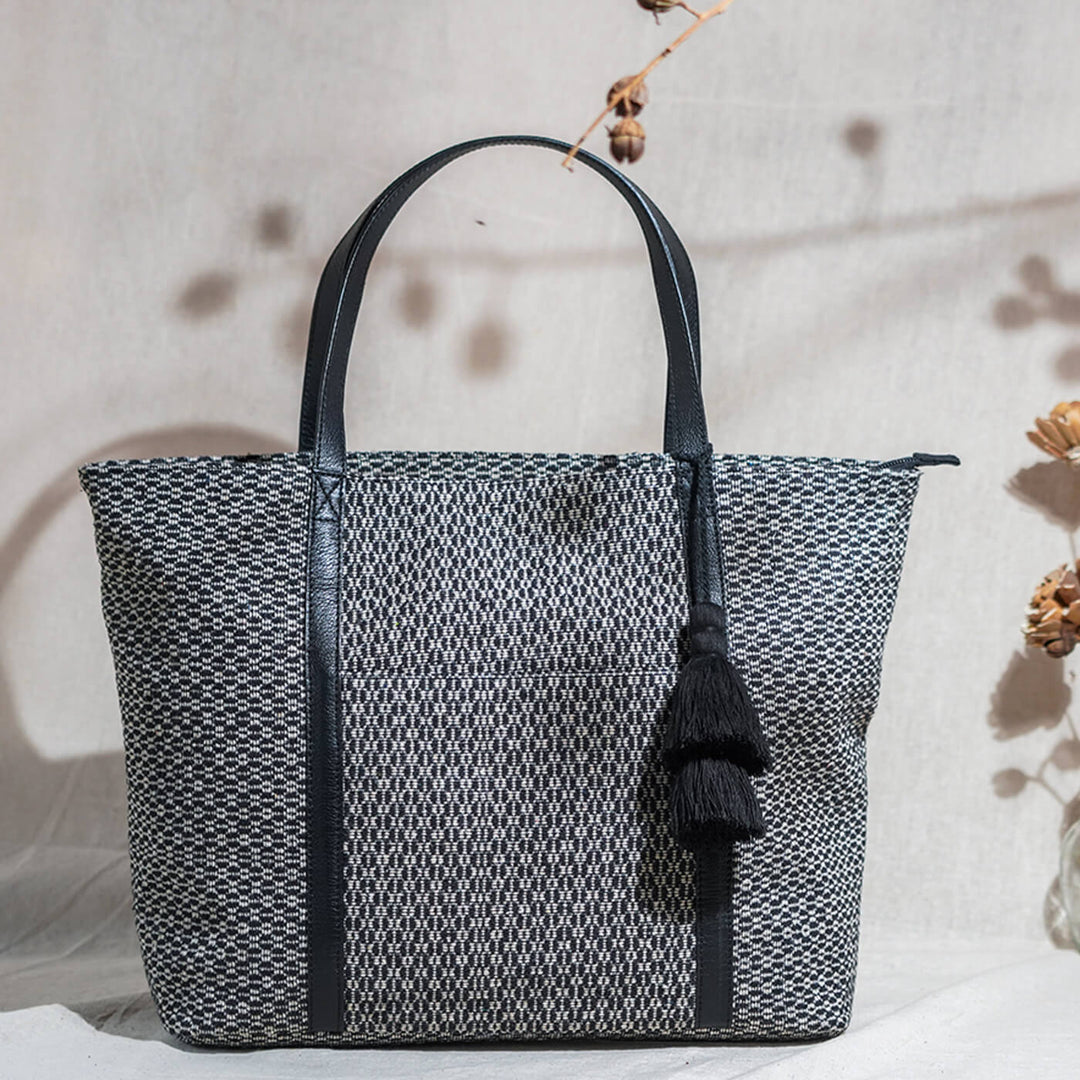 Black & Grey Jacquard Tote with Leather Handles
