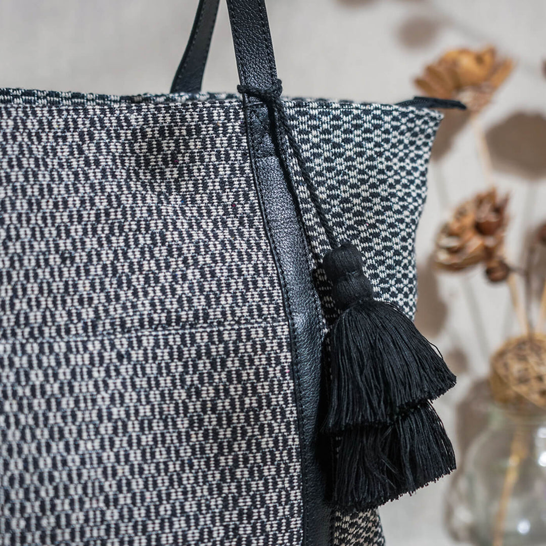 Black & Grey Jacquard Tote with Leather Handles