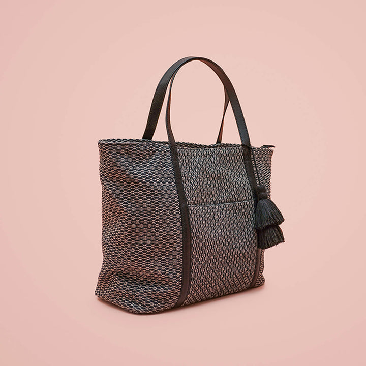 Black & Grey Jacquard Tote with Leather Handles