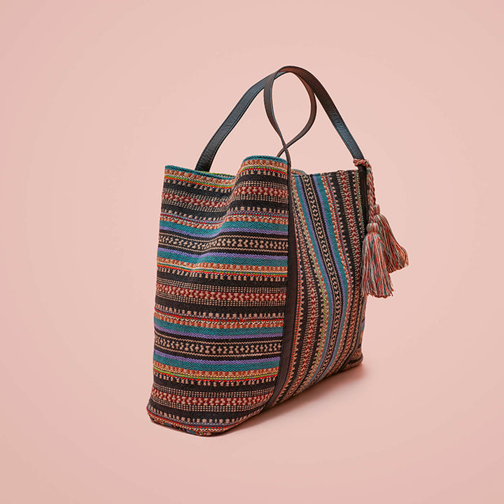 Mutli Striped Jacquard Tote with Leather Handles