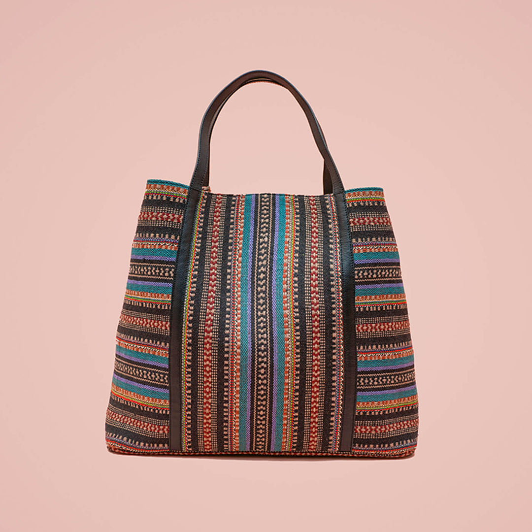 Mutli Striped Jacquard Tote with Leather Handles
