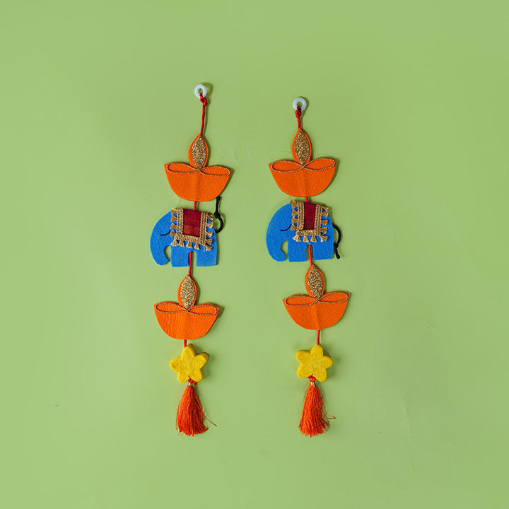 Handmade Decorative Diya and Elephant Hangings - Set of 2