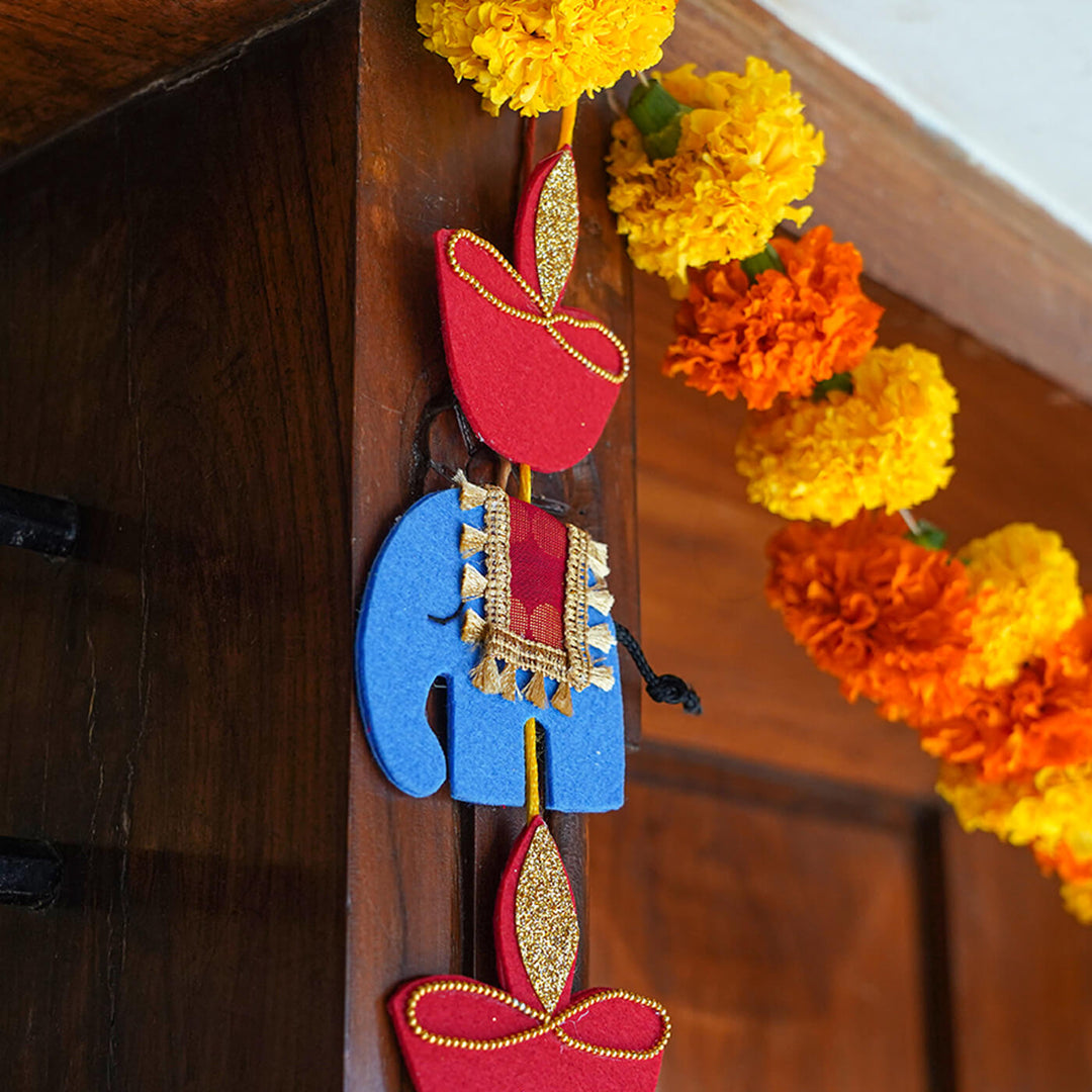 Handmade Decorative Diya and Elephant Hangings - Set of 2