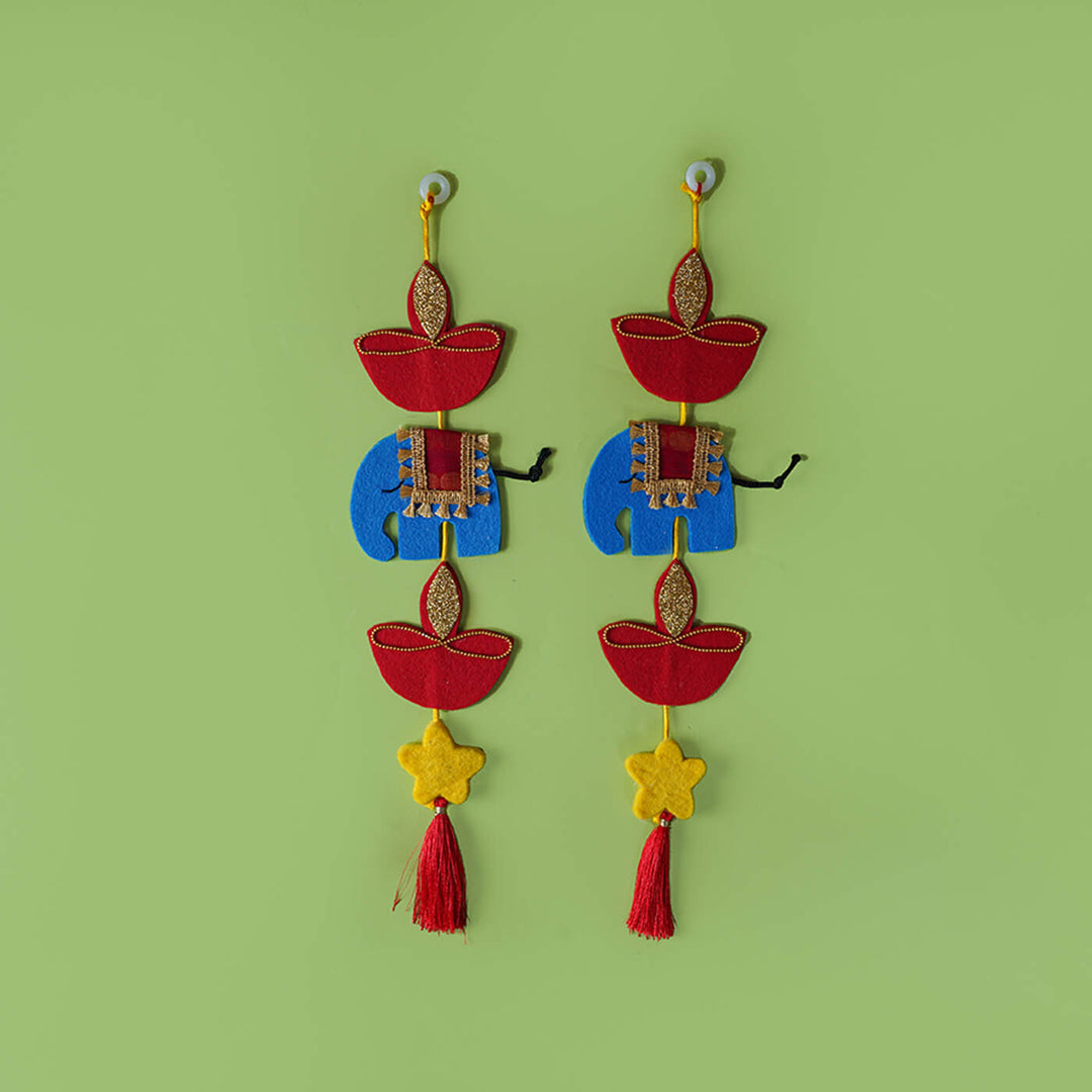 Handmade Decorative Diya and Elephant Hangings - Set of 2