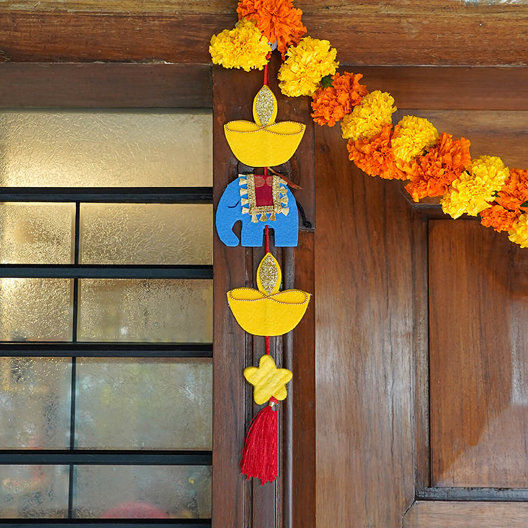 Handmade Festive Diya and Elephant Hangings - Set of 2