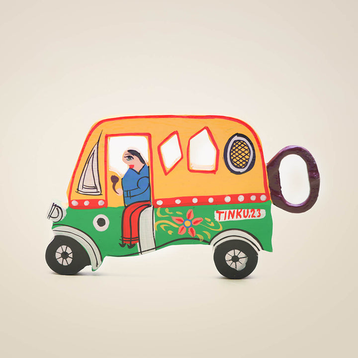 Hand-Painted Auto Rickshaw Bottle Opener - Yellow & Green