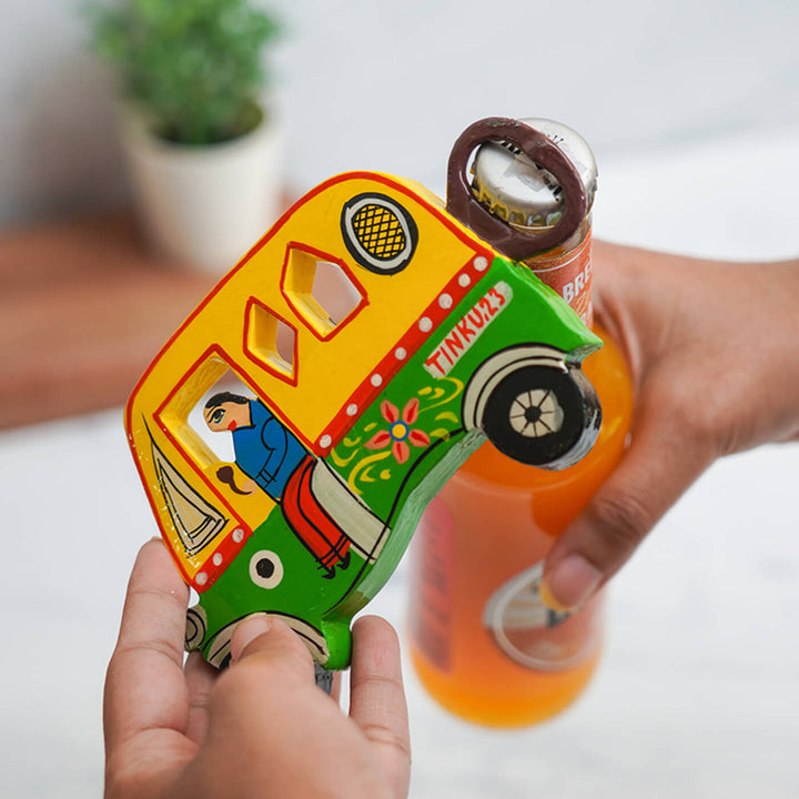 Hand-Painted Auto Rickshaw Bottle Opener - Yellow & Green