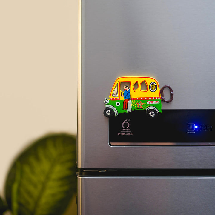 Hand-Painted Auto Rickshaw Bottle Opener - Yellow & Green
