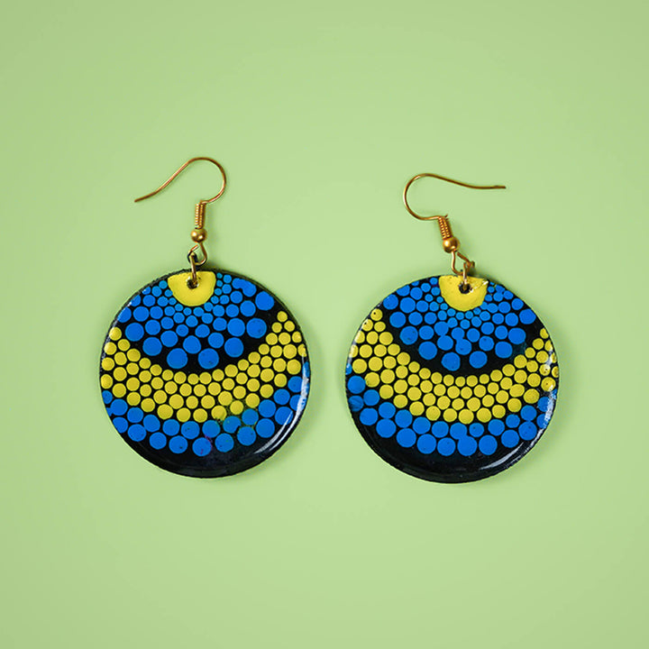 Blue and Yellow Dot Art Round Mandala Earrings
