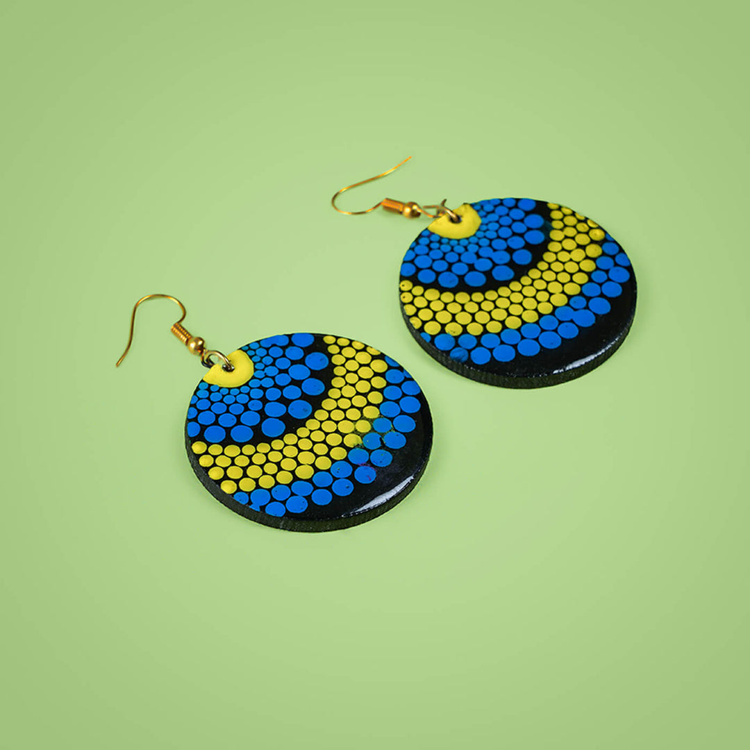 Blue and Yellow Dot Art Round Mandala Earrings