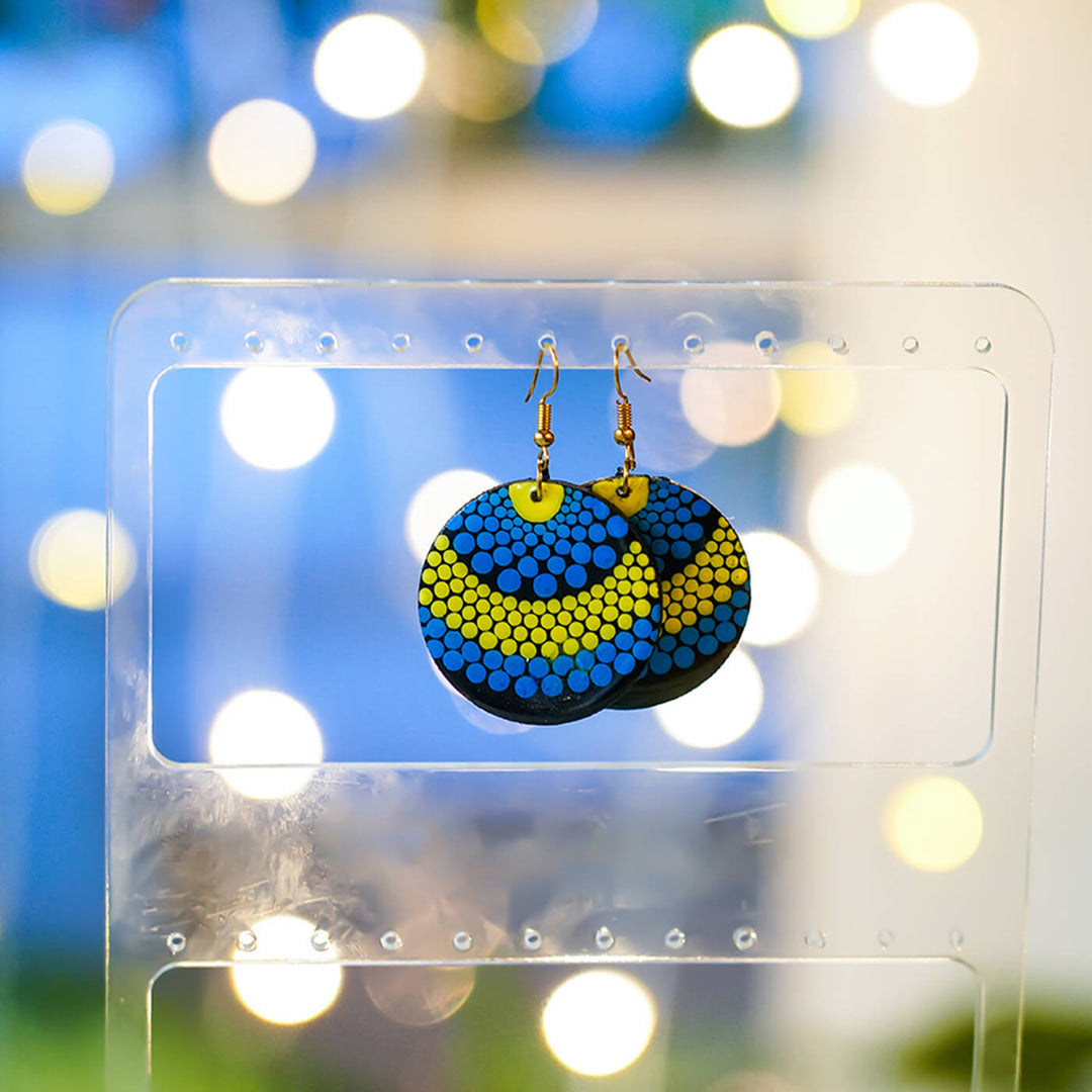 Blue and Yellow Dot Art Round Mandala Earrings