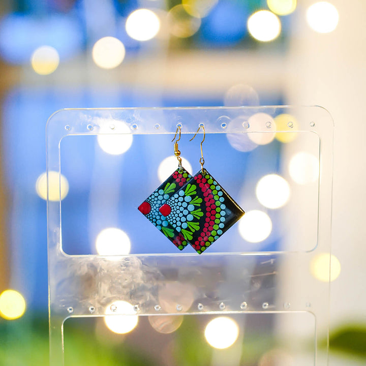 Vibrant Dot Art Rhombus Mandala Earrings
