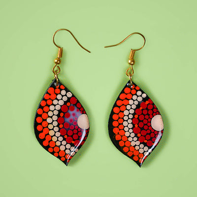 Red and Orange Leaf-Shaped Dot Art Mandala Earrings