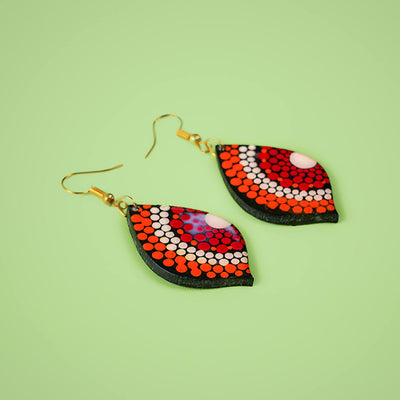 Red and Orange Leaf-Shaped Dot Art Mandala Earrings