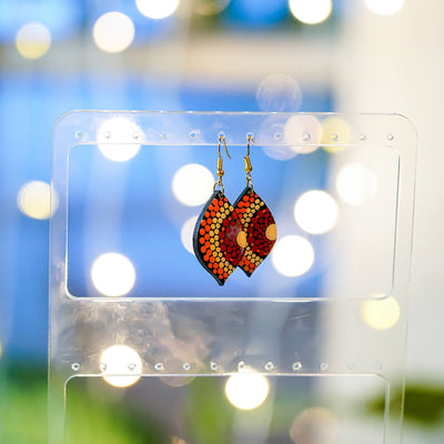 Red and Orange Leaf-Shaped Dot Art Mandala Earrings
