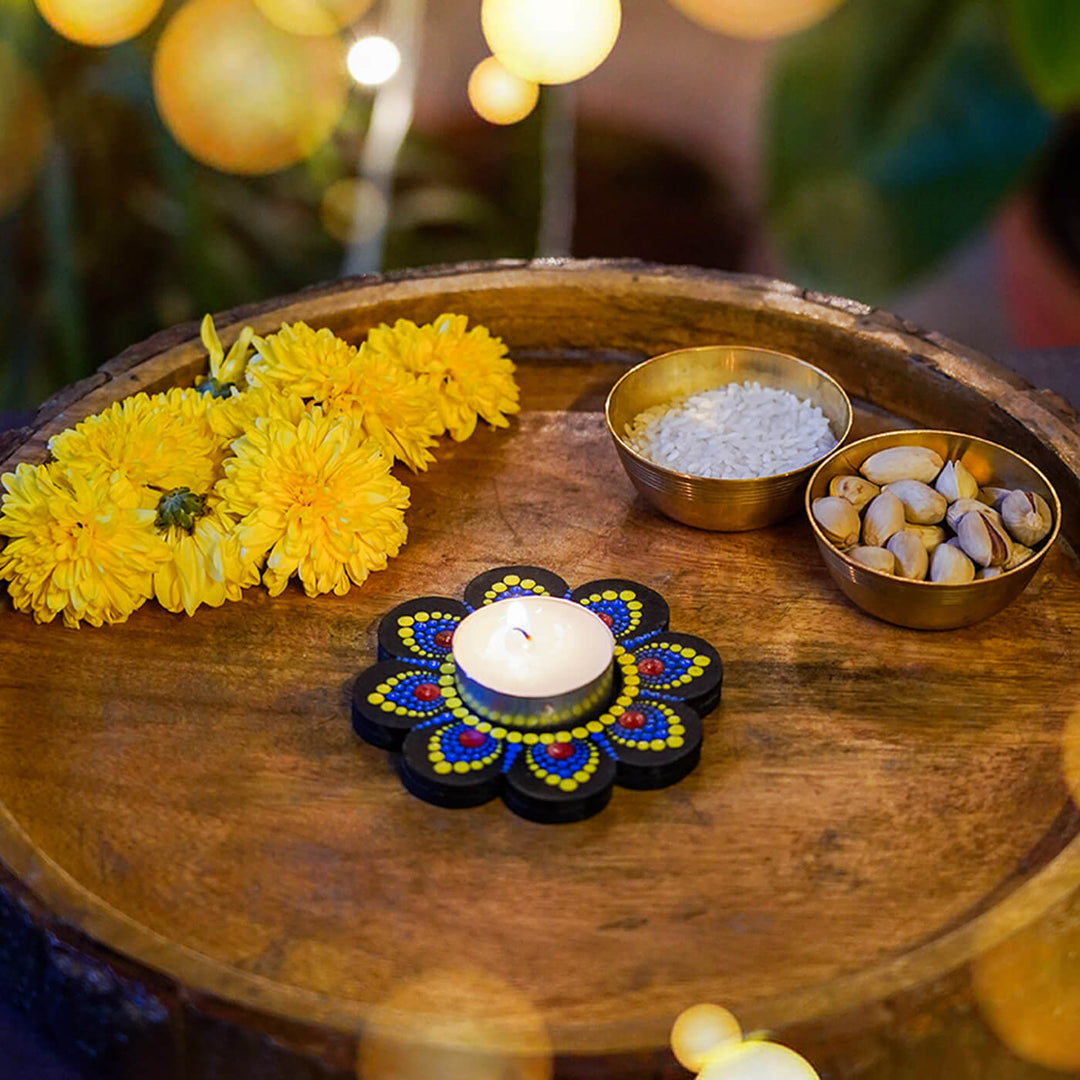 Buy Blue and Yellow FlowerShaped Tealight Holder Online On Zwende