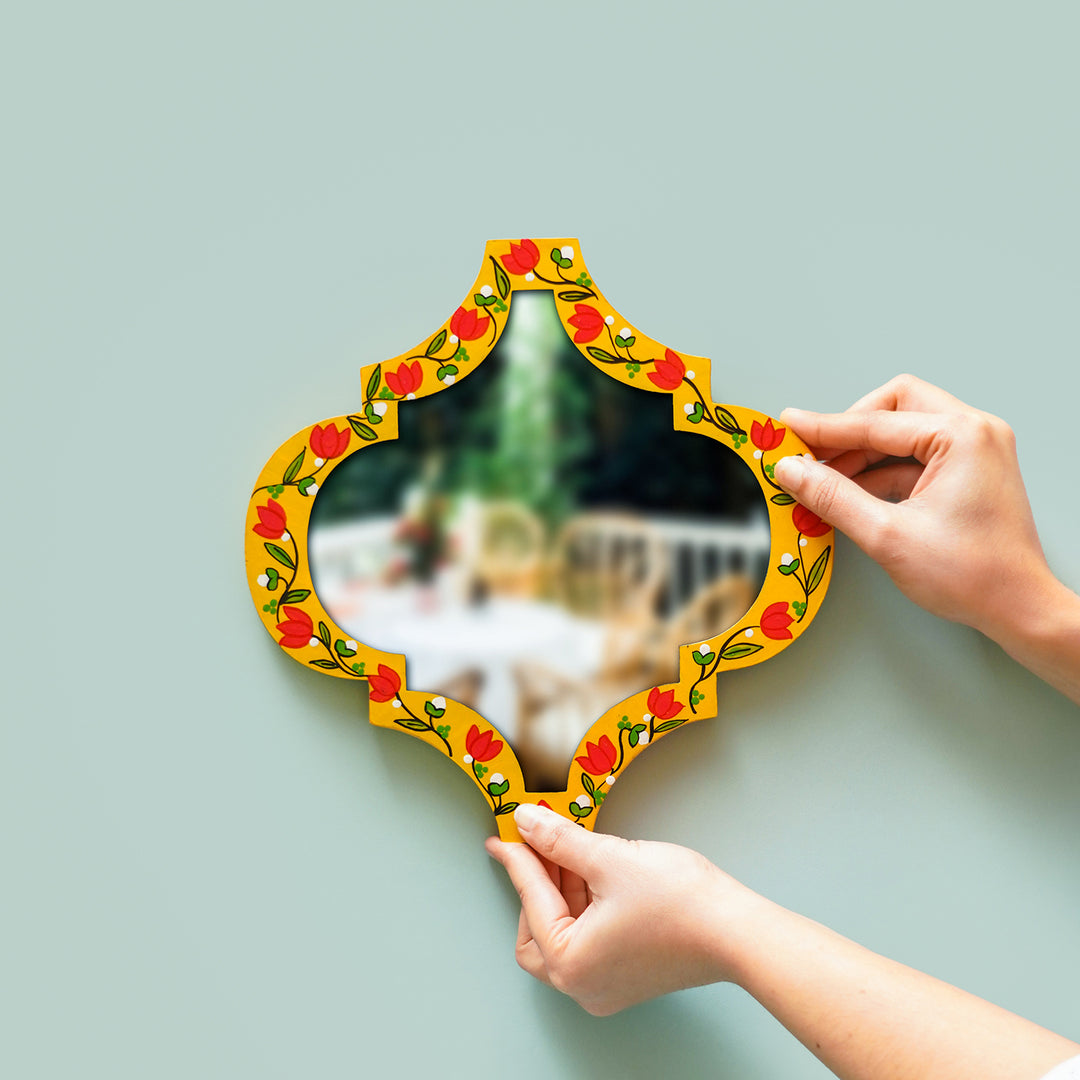 Handpainted Lotus Madhubani Art Wooden Wall Mirror - Set of 3