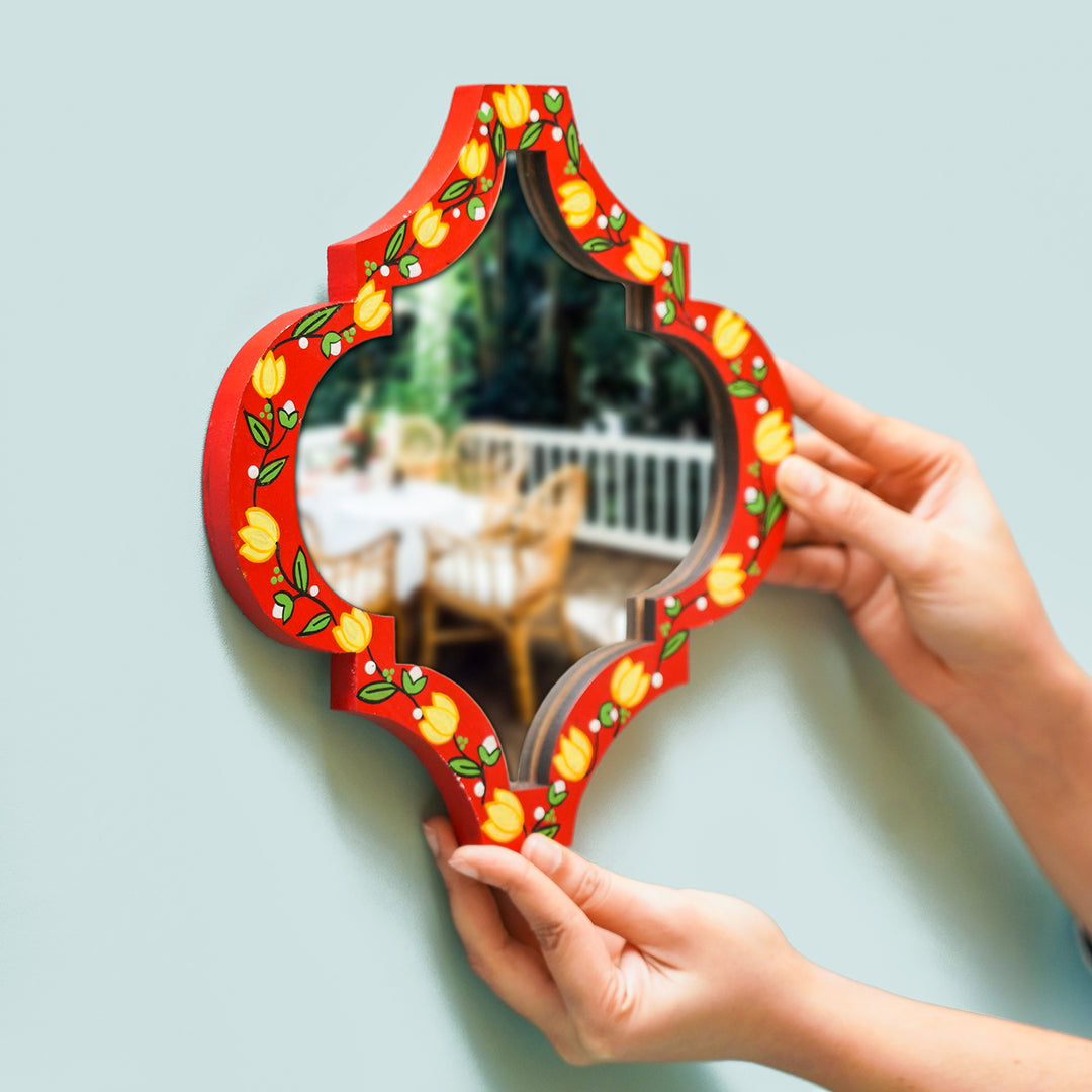 Handpainted Lotus Madhubani Art Wooden Wall Mirror - Set of 2