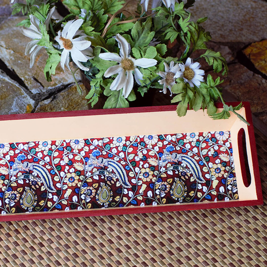 Ethnic Decoupage Kalamkari Peacock MDF Tray - Narrow