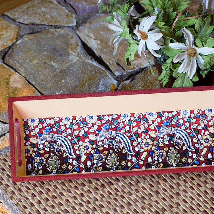 Ethnic Decoupage Kalamkari Peacock MDF Tray - Narrow