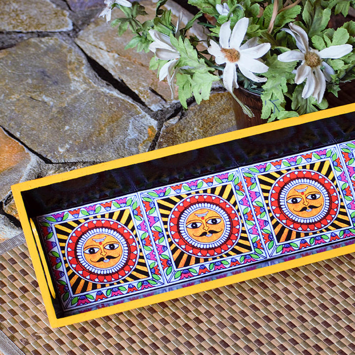 Ethnic Decoupage Madhubani Sun MDF Tray - Narrow