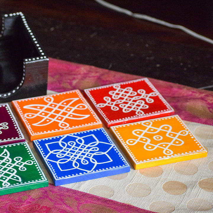 Decoupage Pine Wood Kolam Coasters | Set of 6