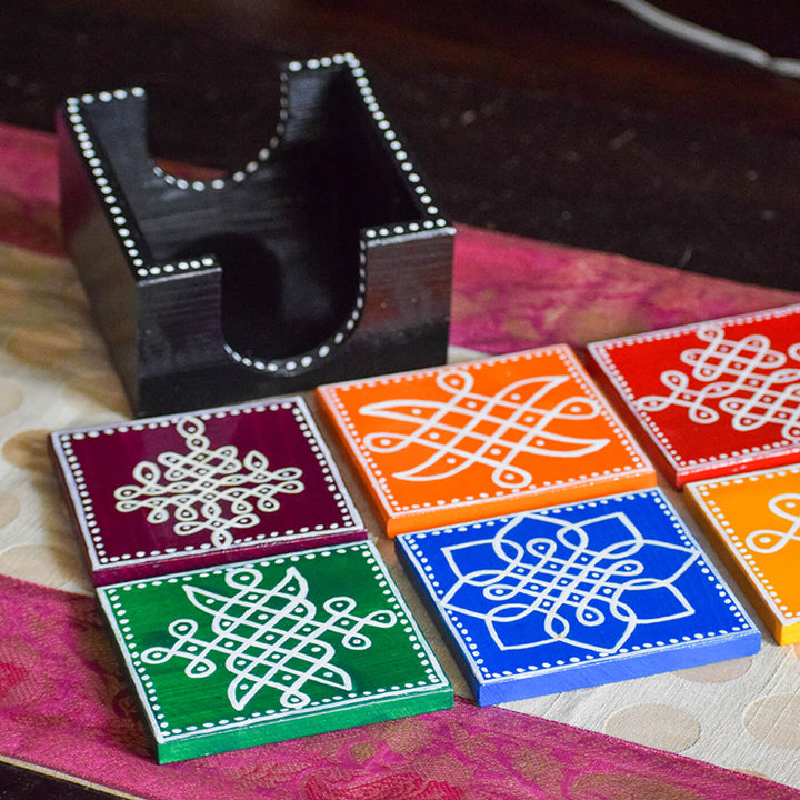 Decoupage Pine Wood Kolam Coasters | Set of 6