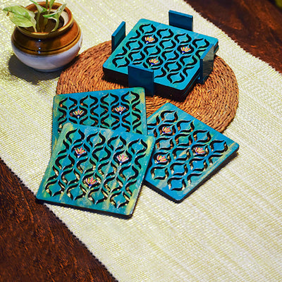 Handpainted MDF Aqua Blue Jaali Coasters | Set of 6