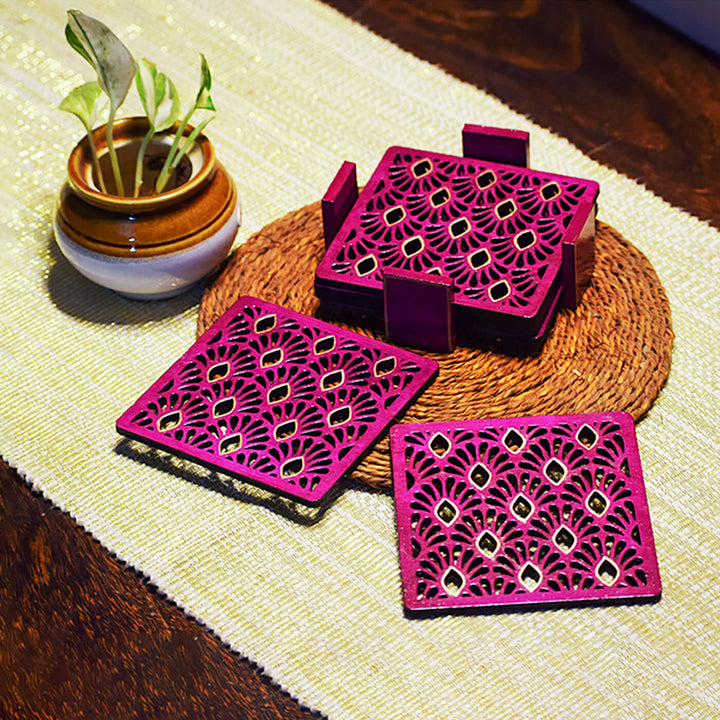 Handpainted MDF Pink Jaali Coasters | Set of 6