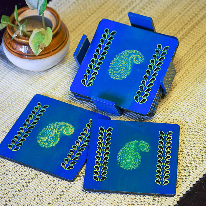 Handpainted MDF Blue Jaali Coasters | Set of 6