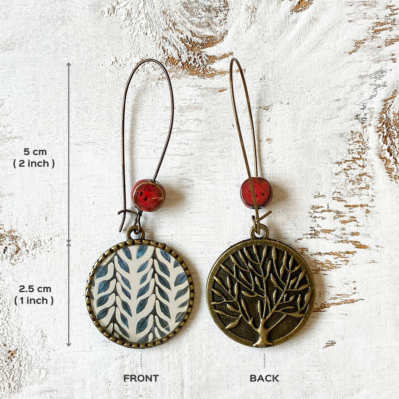 Hoop Earrings with Ceramic Bead - Blue Leaves