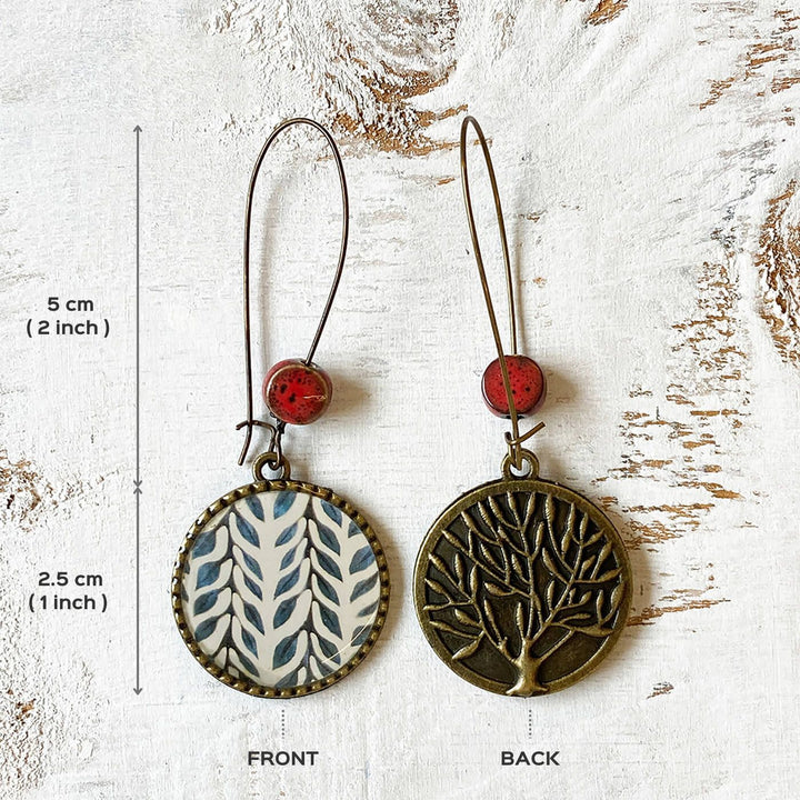 Hoop Earrings with Ceramic Bead - Brown Ajrakh Print
