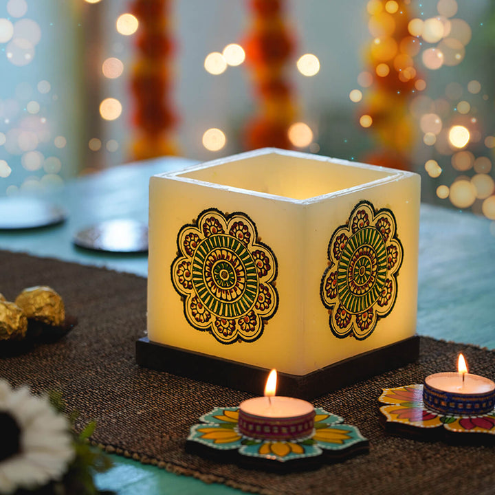 Copper Floral Wheel on Small Hollow Cuboid Candle - Zwende