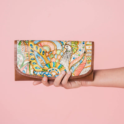Classic Flap Wallet with Doodle Peacock Design