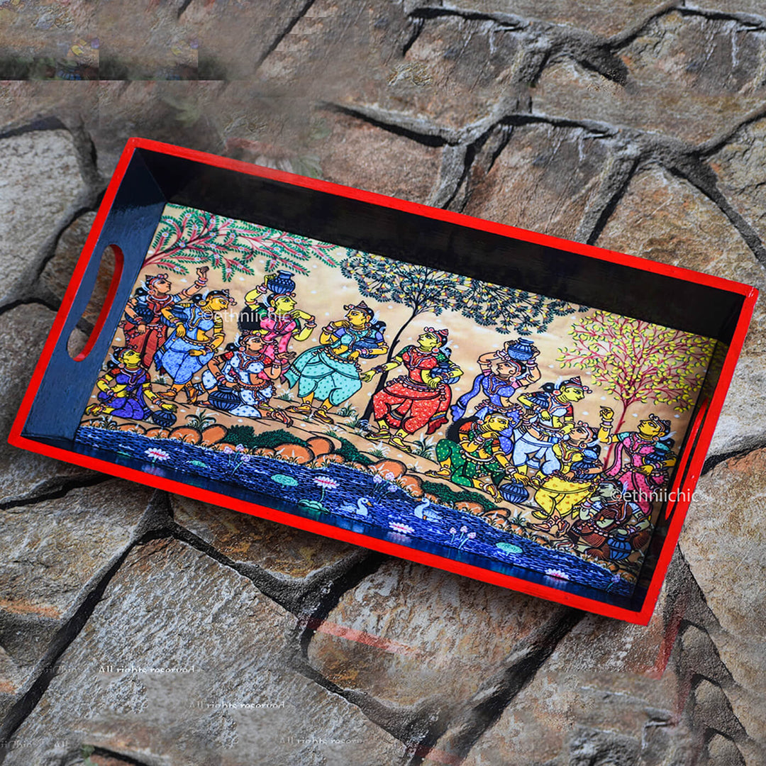 Ethnic Decoupage Pattachitra Ladies MDF Tray - Broad