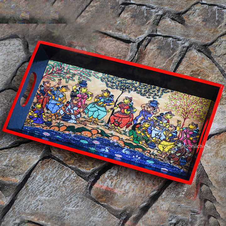 Ethnic Decoupage Pattachitra Ladies MDF Tray - Broad