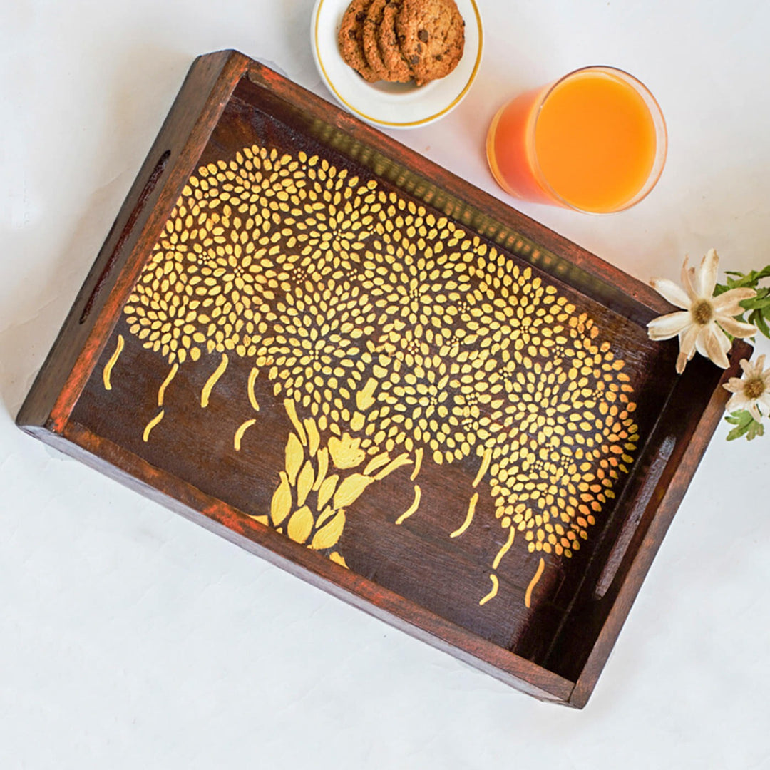 Handpainted Mango Wood Tray with Tree design