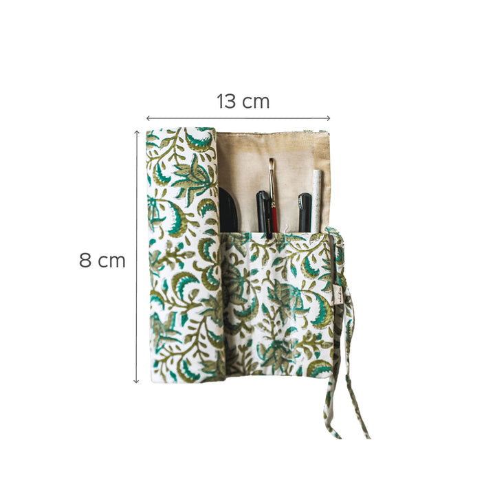 Hand-stitched Cotton Fabric Green Floral Roll Up Case