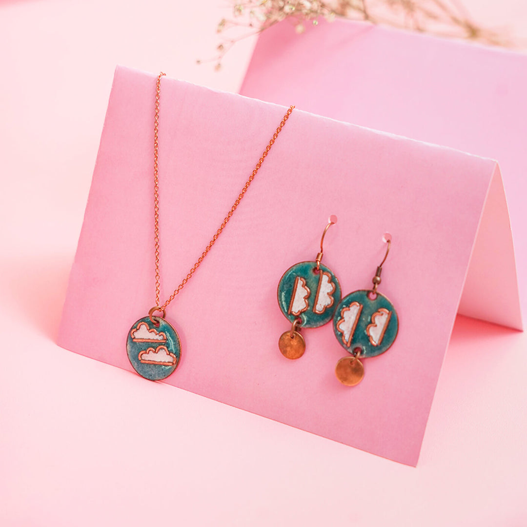 Handmade Copper Enamelled Baadal Necklace and Earrings