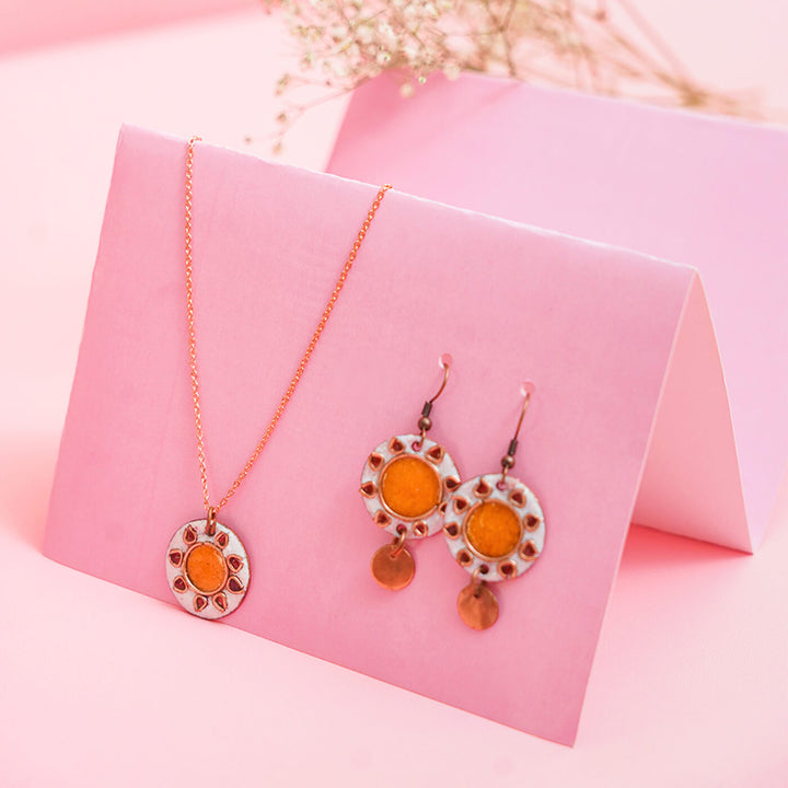 Handmade Copper Enamelled Sooraj Earrings and Necklace