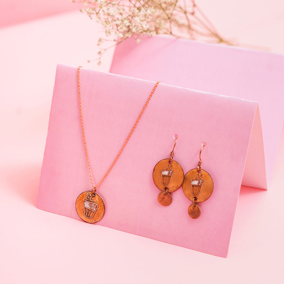 Handmade Copper Enamelled Chaai Paani Earrings and Necklace