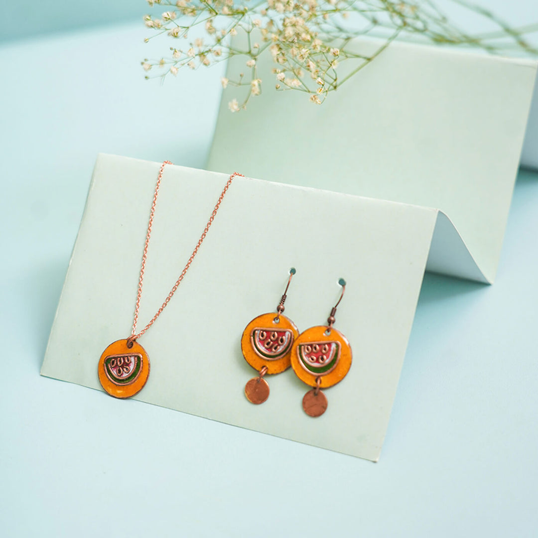 Handmade Copper Enamelled Tarbooz Earrings and Necklace