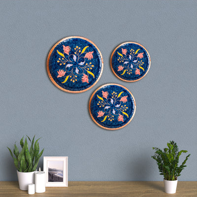 Copper Enamel Wall Plate - Blue Swirling Lotus - Traditional Indian Wall Decor