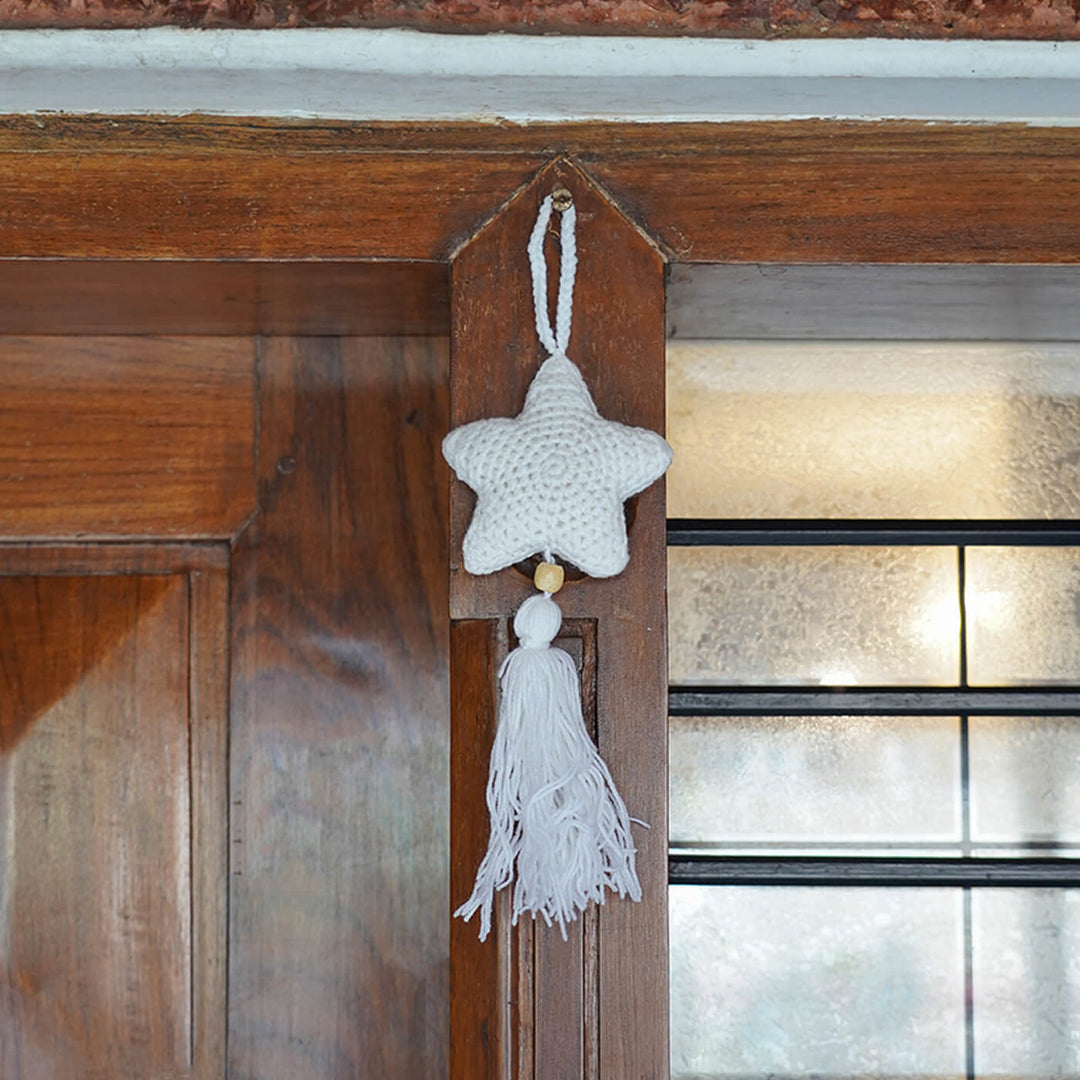 Beige and White Stars Crochet Hangings with Tassles