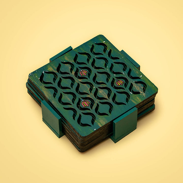 Handpainted MDF Aqua Blue Jaali Coasters | Set of 6