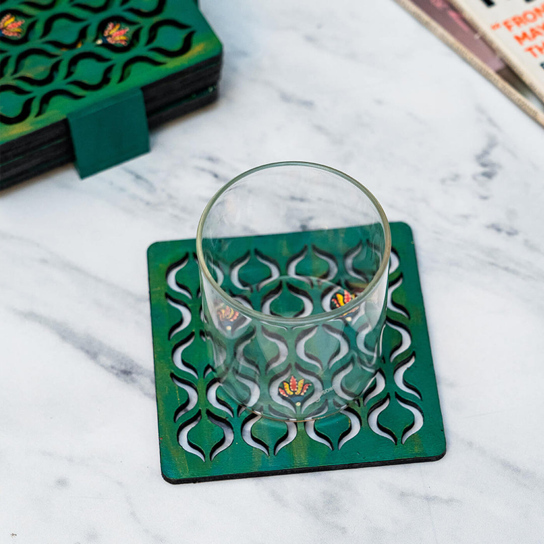 Handpainted MDF Aqua Blue Jaali Coasters | Set of 6
