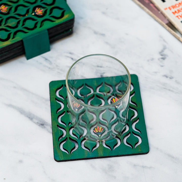 Handpainted MDF Aqua Blue Jaali Coasters | Set of 6