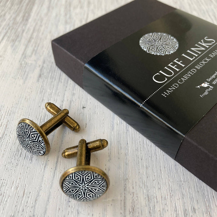 Rajasthani Art Metal Cuff Links With Antique Finish - Hand Carved Block