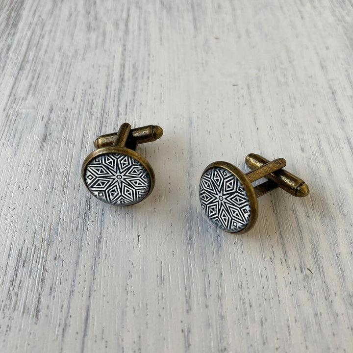 Rajasthani Art Metal Cuff Links With Antique Finish - Hand Carved Block